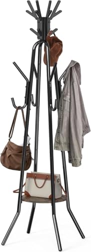 Industrial Standing Coat Rack with 20 Hooks and Storage Shelf, Rustic Brown