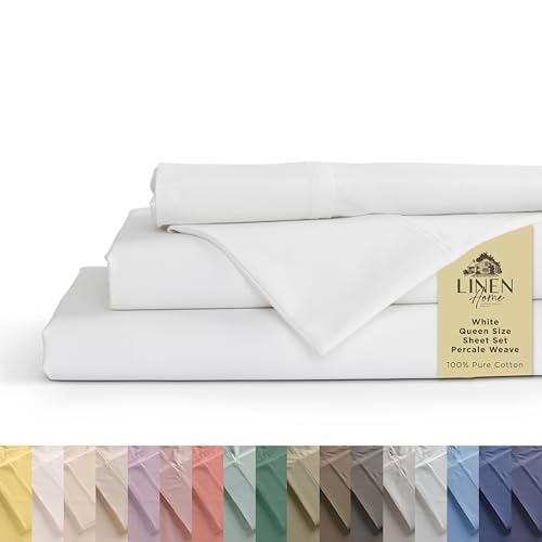100% Cotton Percale Queen Sheet Set - Crisp 4-Piece Deep Pocket Bed Sheets