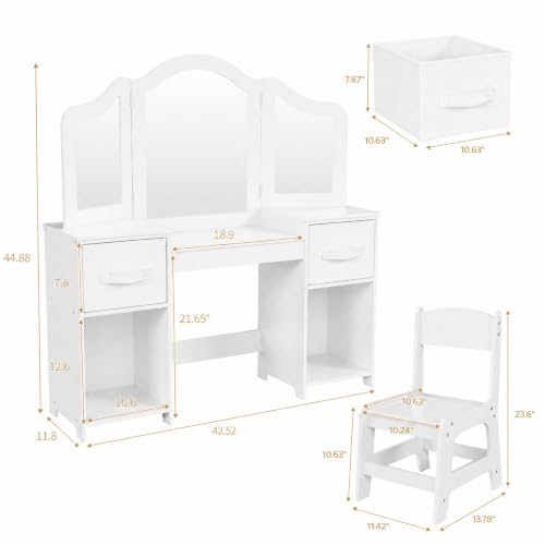 White Kids Vanity 2-in-1 Girls Makeup Dressing Table & Chair Set with Drawers