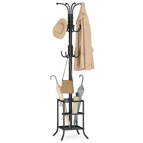 Freestanding Metal Coat Rack with 12 Hooks and Umbrella Holder