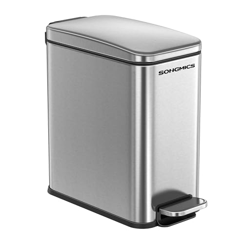 SONGMICS Bathroom Trash Can, 1.3 Gallon (5 L) Small Trash Bin with Lid, Slim for Small Spaces, Stainless Steel Garbage Can, Soft Close, Silver ULTB560E05