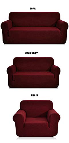 Stretch Sofa Slipcover Set - 3pc Solid Burgundy for Sofa, Loveseat, Chair