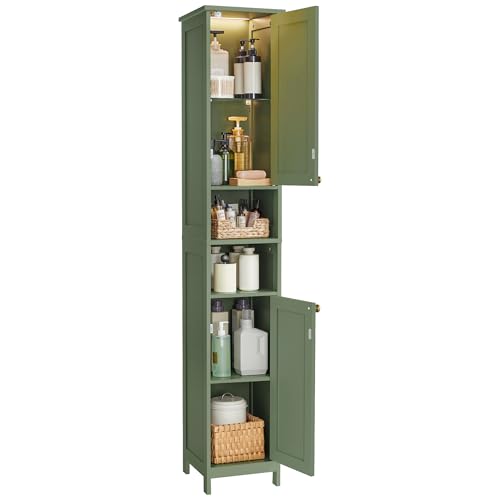 Slim Tall Storage Cabinet with Lights & Adjustable Shelves, Forest Green