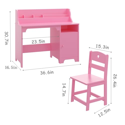 Kids Wooden Desk and Chair Set with Hutch Storage for Study Room