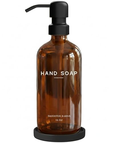 Amber Glass Hand Soap Dispenser Set with Ceramic Tray and Stainless Steel Pump