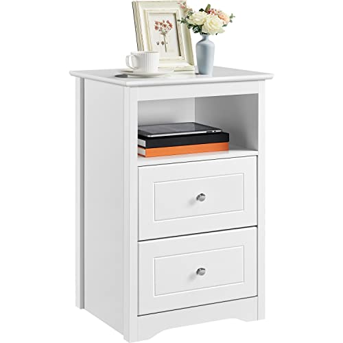 Tall 2-Drawer Nightstand with Open Shelf, White MDF Bedside Table