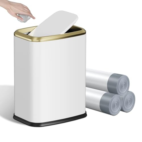 8L Small Bathroom Trash Can with Swing-Top Lid, White Stainless Steel