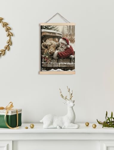 Rustic Highland Cow Santa Wall Art - 12x16 Inches, Farmhouse Christmas Canvas Print (Color 02)