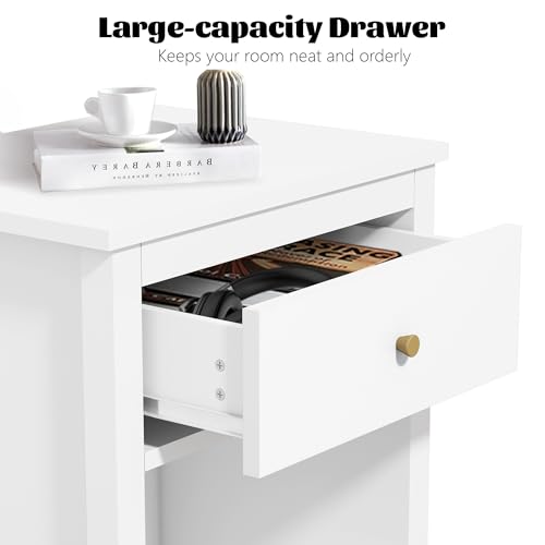 Modern Kids Nightstand with Drawer, White MDF Bedside Table for Bedroom