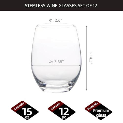 Stemless Wine Glasses Set of 12, 15 Ounce Dishwasher Safe Glass Tumblers