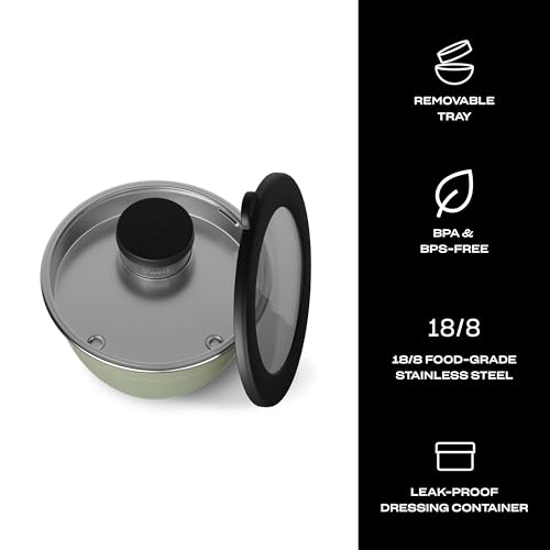 S'well Stainless Steel Salad Bowl Kit 64oz, Mountain Sage, Comes with 2oz Mini Canister and Removable Tray for Organization, Leakproof, Easy to Clean, Dishwasher Safe