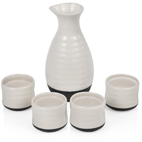 White True Fervor Ceramic Sake Set with 4 Cups & 8 oz Carafe – Traditional Japanese Drinkware