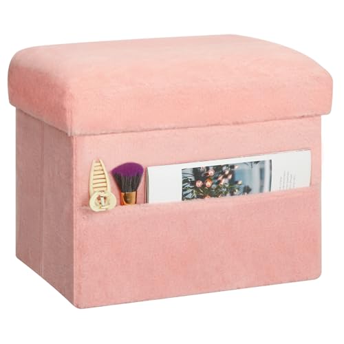 Foldable Faux Fur Storage Ottoman, Padded Foot Rest Stool, 17-Inch Pink