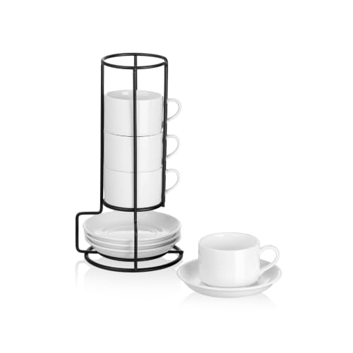 Meichu White 2.5 oz Porcelain Stackable Espresso Cups & Metal Stand Set of 4