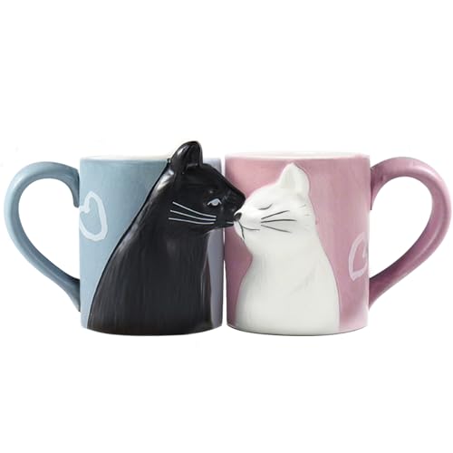 Couples Kissing Cat Mug Set - 12oz Matching Coffee Cups for Wedding & Anniversary Gifts
