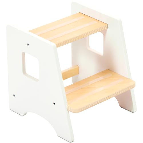 Wood City Toddler Step Stool - White & Natural Wooden 2-Step Bathroom & Kitchen Helper for Kids