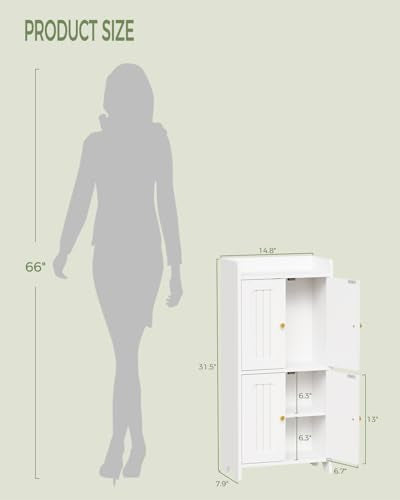 Slim Bathroom Floor Cabinet with Adjustable Shelves, White Storage Organizer