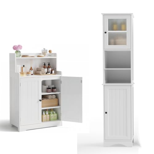 2-Piece Bathroom Storage Cabinet Set, Freestanding Linen Tower & Floor Organizer