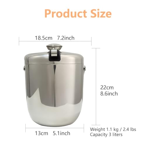 PuLaif Gold Stainless Steel Ice Bucket with Lid & Tongs - Double Wall, 3L