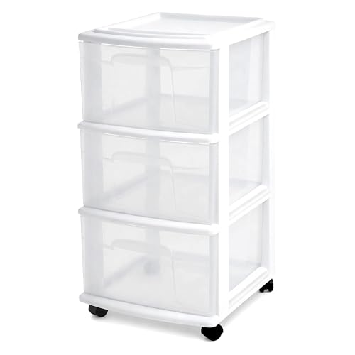 3-Tier Rolling Storage Cart with Clear Plastic Drawers, White Organizer