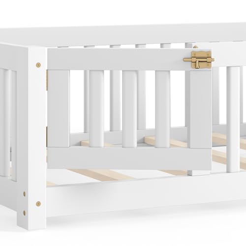 Twin Montessori Floor Bed Frame with Fence, Door, and Wood Slats