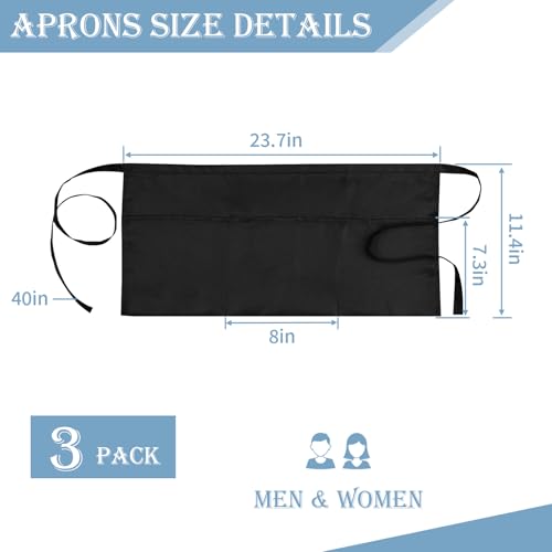 3-Pack Short Server Apron with 3 Pockets - Stain-Resistant Polyester