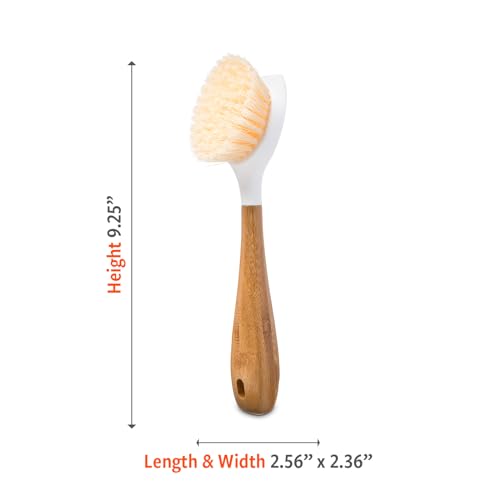 Bamboo Handle Dish Scrub Brush with Built-In Scraper for Pots & Pans