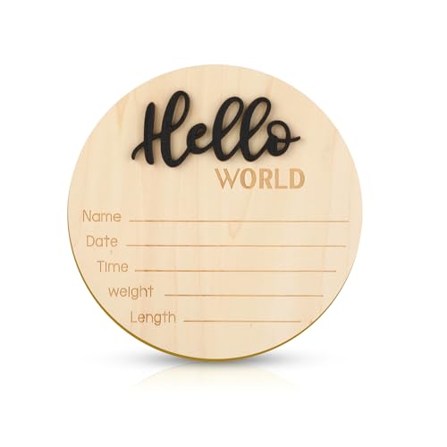 Hello World Newborn Birth Announcement Sign - 5.9 Inch Wooden Keepsake