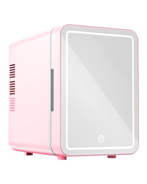 NISHCON Upgrade Skincare Fridge with Dimmable LED Light Mirror, 4L/6Can Cooler Warmer Mini Fridge for Skin care Cosmetic Makeup Beauty, Portable Mini Skincare Fridge for Bedroom Dorm Office Rv, Pink