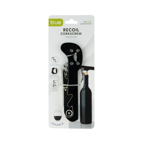 TRUE Recoil Waiters Corkscrew Wine Opener - Black, Stainless Steel with Built-in Bottle Opener & 4-Wheel Foil Cutter