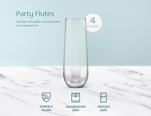 KooK Classic Set of 4 Stemless Champagne Glasses for Mimosa & Prosecco, Clear