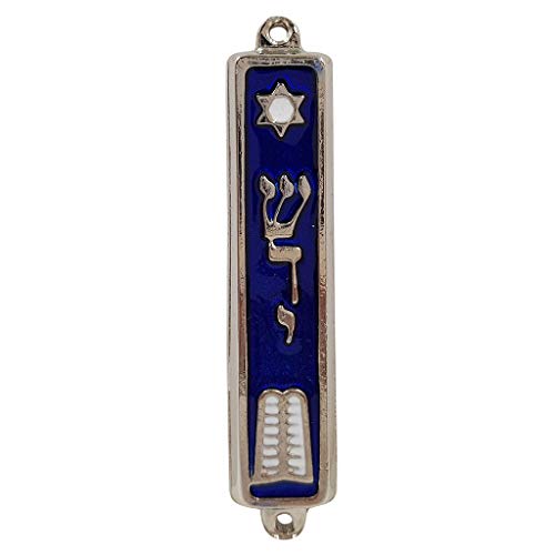 3.5 Inch Ten Commandments Mezuzah Case with Scroll - Blue Enamel Silver