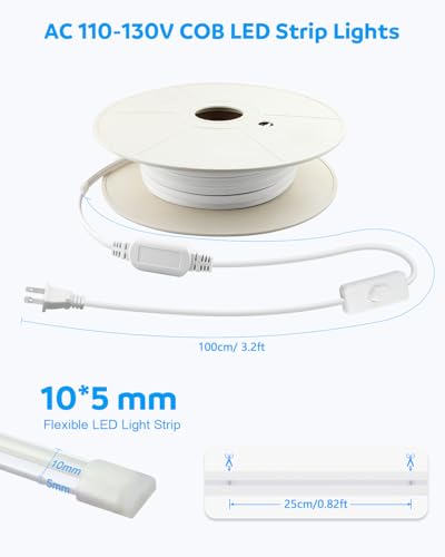 150ft Waterproof COB LED Strip Light, 3000K Warm White 120V Rope Light