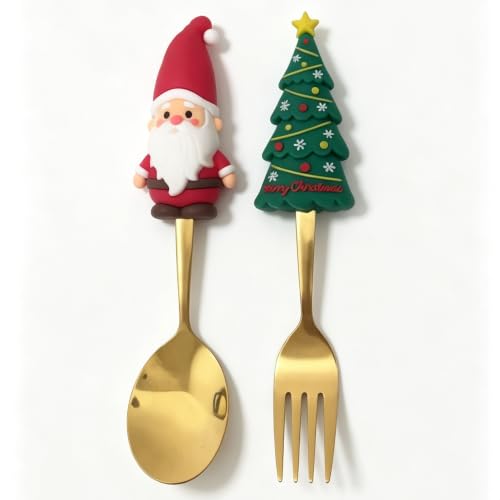 Christmas Gold Flatware Set 2 Pieces - Santa Spoon & Tree Fork with Silicone Handles