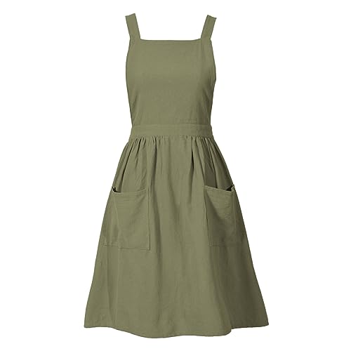 Vintage Cotton Pinafore Apron for Women, Adjustable Cross Back with Pockets