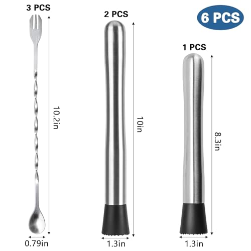 10" & 8" Cocktail Muddlers, Stainless Steel Muddler with 3 Pcs 10 inch Mixing Spoon for Lemonade Mojitos Fruit Drinks