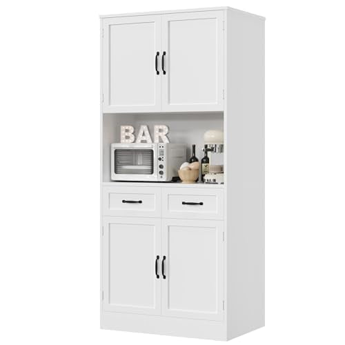 71" Tall Kitchen Pantry Cabinet with Microwave Counter & Drawers - White