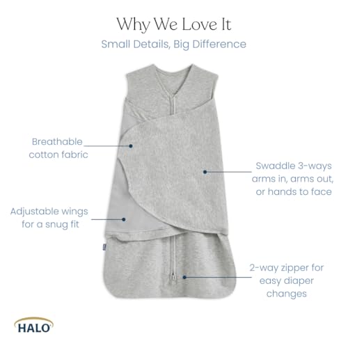 HALO 100% Cotton Sleepsack Swaddle, 3-Way Adjustable Wearable Blanket, TOG 1.5, Newborn 0-3 Months