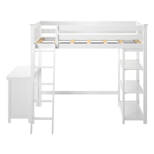 Twin High Loft Bed with Desk and Bookcase - Solid Pine Wood, White