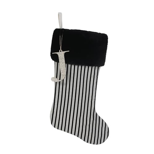 JKSVE 20 Inch Black Vertical Stripe Christmas Stocking with Gold Wooden Initial Monogram (Black Stripe)