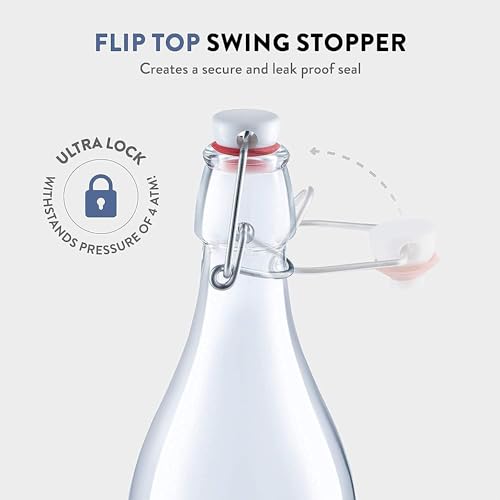 Bormioli Rocco 1L Glass Swing Top Bottles (6 Pack) - Leak-Proof Flip Top Storage Jars