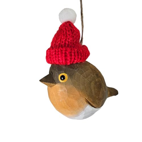 European Robin Wooden Christmas Ornament - Rustic Handcarved Holiday Decor