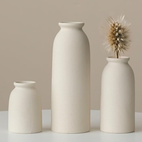 Ceramic Vase Set of 3 - Distressed Beige Vases for Pampas Grass & Decor