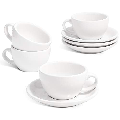 LE TAUCI White 6 oz Cappuccino Cups with Saucers Set of 4 - Ceramic Coffee Mug for Latte & Mocha