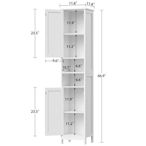 TEENFON 67-Inch White Bathroom Storage Cabinet with 2 Doors, Adjustable Shelves, Narrow Design