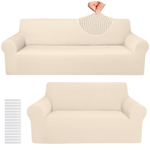Couch and Loveseat Sofa Covers Set - Beige Fleece, Washable, Non-Slip