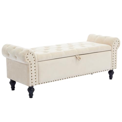51-Inch Upholstered Storage Bench with Rolled Arms and Button Tufting