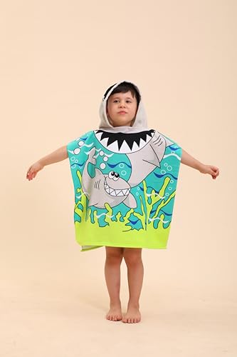 Kids Shark Hooded Beach Towel - Quick Dry Microfiber Poncho Towel Robe
