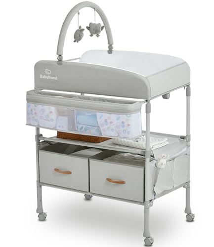Foldable Baby Changing Table with Lockable Wheels & Storage Baskets (Beige)