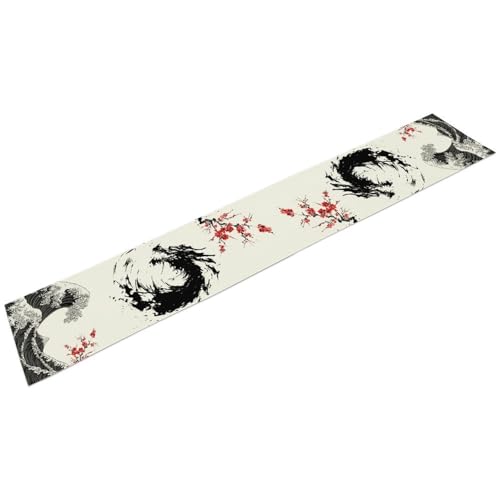 Drapeloft 13"x36" Dragon Red Plum Sea Wave Table Runner - Japanese Dragon Pattern